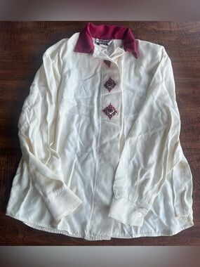 Vintage 80s Marnie West Blouse Ivory 
Burgundy Embroidered Shoulder Pads S Read